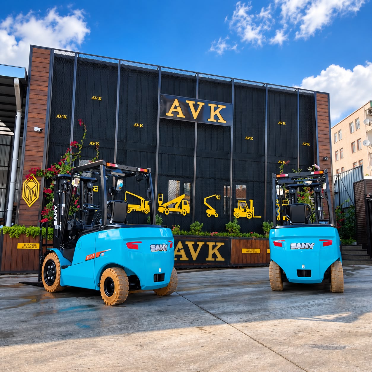 Aydın Vinç Kiralama AVK tesisinin önünde iki SANY elektrikli forklift